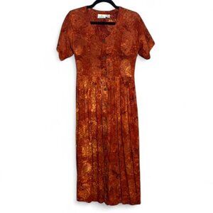 Vintage 90's button front tie back artsy pleated midi dress size S tie dye